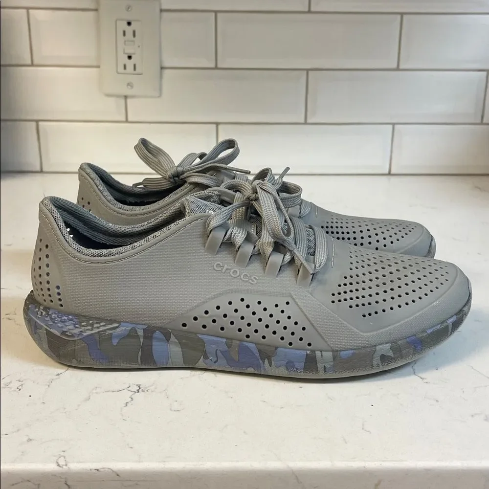 Crocs LiteRide Pacer Camo (Gray/Light Blue) Tennis Shoes 206494 Women's Sz 11
